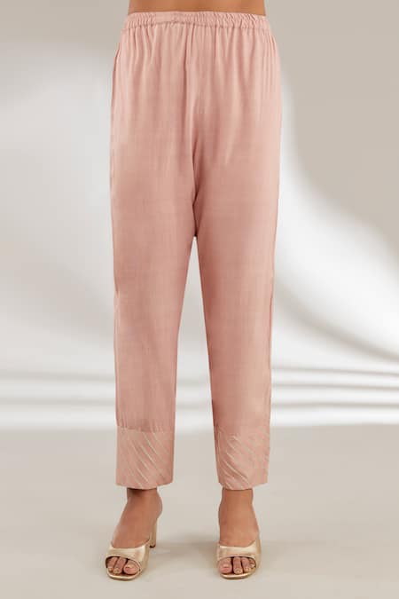 Buy_Ajiesh Oberoi_Pink Dupion, Silk, Rayon Embroidery Round Neck Kurta Set _Online_at_Aza_Fashions