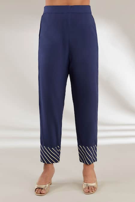 Buy_Ajiesh Oberoi_Blue Dupion, Rayon, Silk Embroidery Round Neck Kurta Pant Set _Online_at_Aza_Fashions