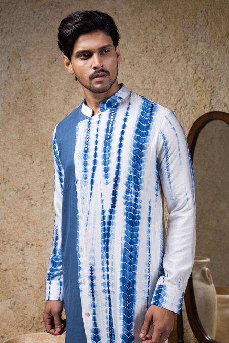 Buy_Priyanka Haralalka_Blue Cotton, Silk Mirrors Work Kurta And Pant Set _Online_at_Aza_Fashions