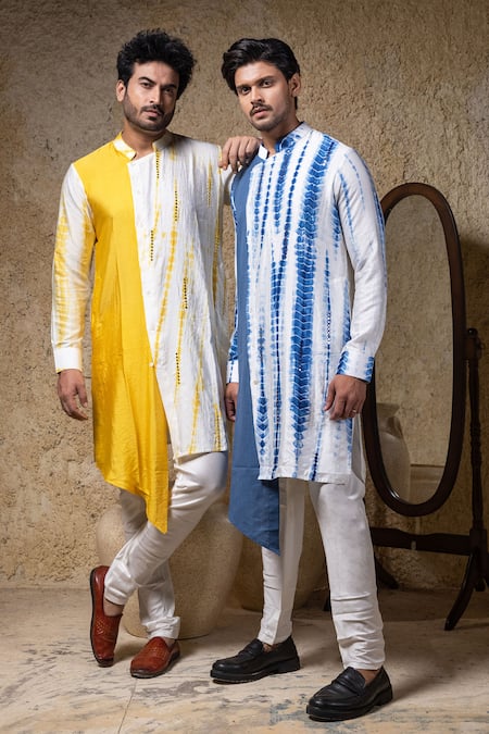 Buy_Priyanka Haralalka_Blue Cotton, Silk Mirrors Work Kurta And Pant Set 