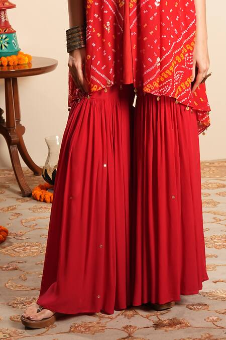 Sonali Methi_Red Chinon, Crepe Embroidery, Sequins Round Neck Bandhani Kaftan And Sharara Set _Online_at_Aza_Fashions