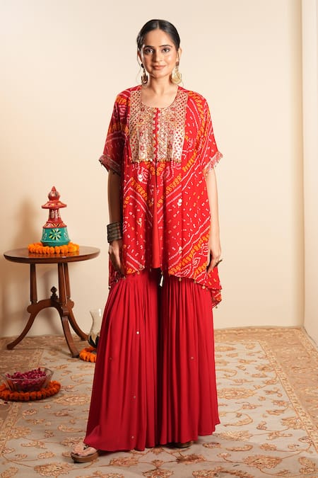 Sonali Methi Red Bandhani Kaftan & Sharara Set 