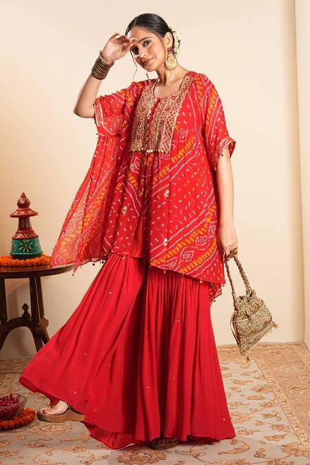 Buy_Sonali Methi_Red Chinon, Crepe Embroidery, Sequins Round Neck Bandhani Kaftan And Sharara Set _Online_at_Aza_Fashions