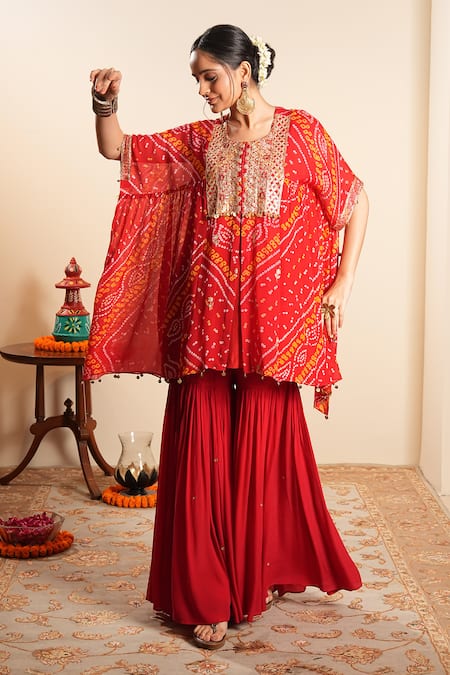 Sonali Methi_Red Chinon, Crepe Embroidery, Sequins Round Neck Bandhani Kaftan And Sharara Set _at_Aza_Fashions