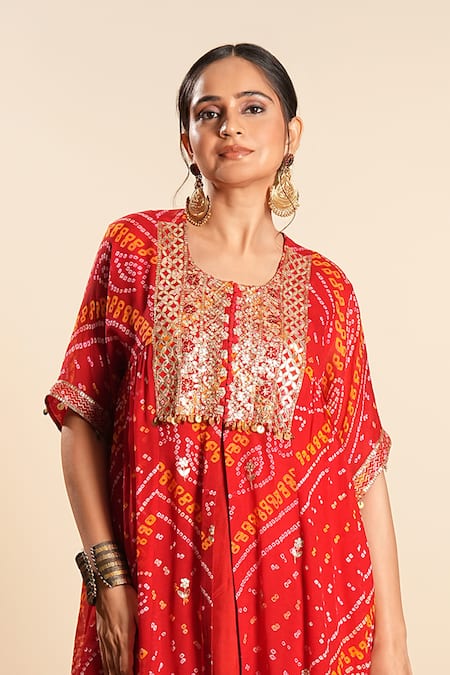 Buy_Sonali Methi_Red Chinon, Crepe Embroidery, Sequins Round Neck Bandhani Kaftan And Sharara Set 
