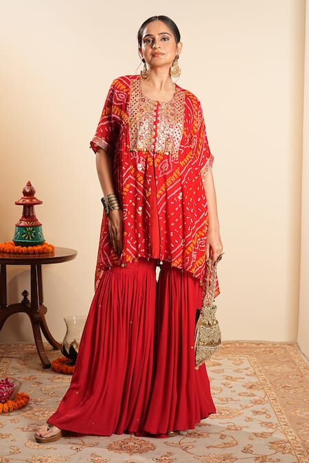 Shop_Sonali Methi_Red Chinon, Crepe Embroidery, Sequins Round Neck Bandhani Kaftan And Sharara Set 