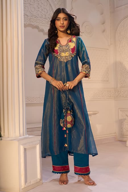 Shop_Aariyana Couture_Blue Tissue, Linen, Satin Embroidery, Tassels Split V-neck Kurta And Pant Set_Online_at_Aza_Fashions