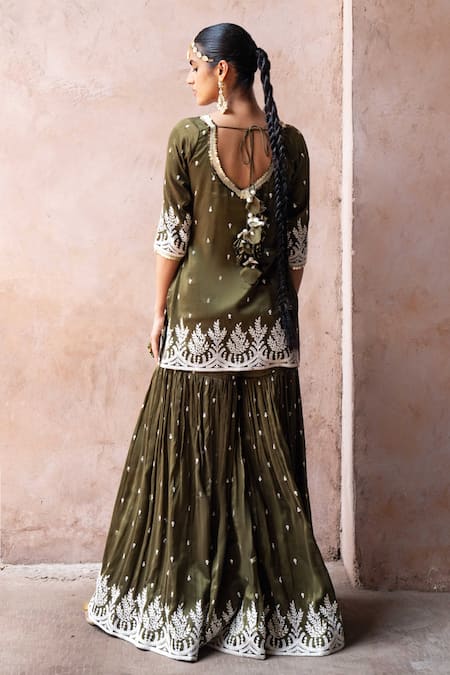 Shop_Preevin_Olive Green Chanderi Silk, Tulle Forest Straight Sharara Set With Dupatta _at_Aza_Fashions