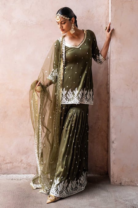 Preevin_Olive Green Chanderi Silk, Tulle Forest Straight Sharara Set With Dupatta _Online_at_Aza_Fashions