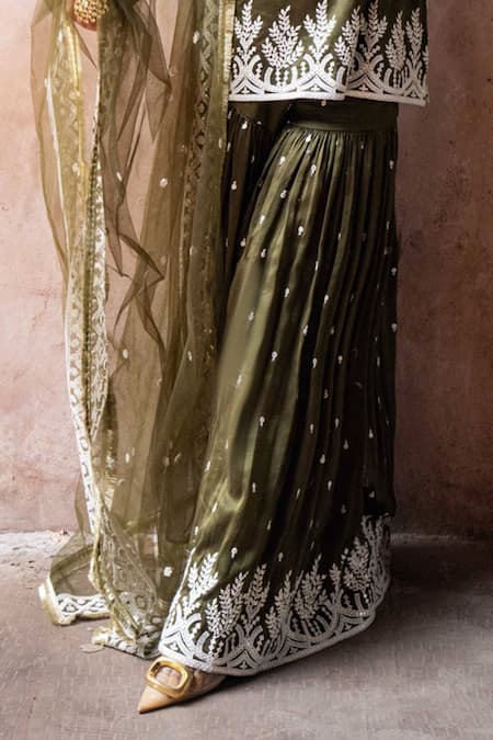 Buy_Preevin_Olive Green Chanderi Silk, Tulle Forest Straight Sharara Set With Dupatta _Online_at_Aza_Fashions