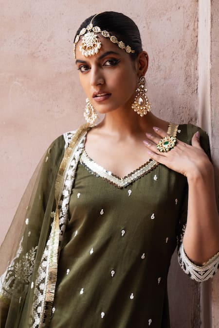 Shop_Preevin_Olive Green Chanderi Silk, Tulle Forest Straight Sharara Set With Dupatta _Online_at_Aza_Fashions