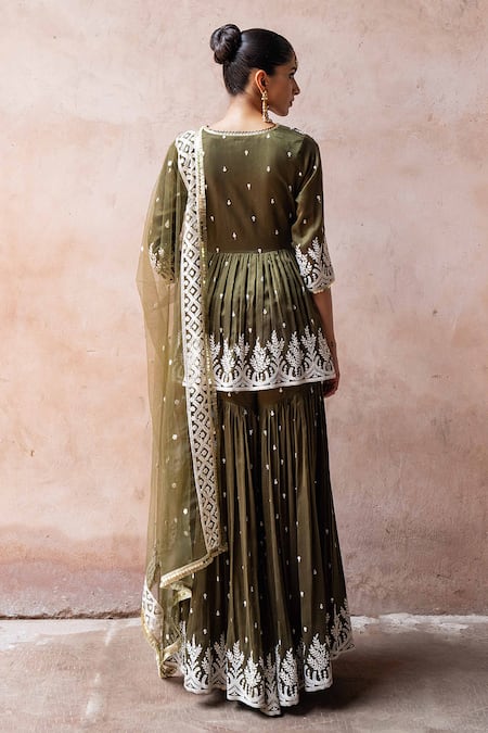Shop Preevin Olive Green Chanderi Silk, Tulle Forest Peplum Sharara Set With Dupatta at Aza Fashions Shop_Preevin_Olive Green Chanderi Silk, Tulle Forest Peplum Sharara Set With Dupatta _at_Aza_Fashions