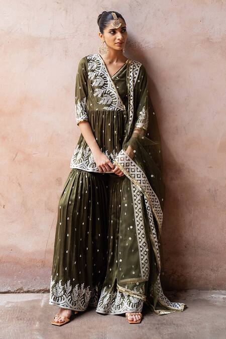 Buy Preevin Olive Green Chanderi Silk, Tulle Forest Peplum Sharara Set With Dupatta Buy_Preevin_Olive Green Chanderi Silk, Tulle Forest Peplum Sharara Set With Dupatta