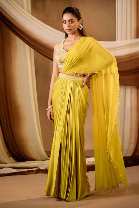 Niamh By Kriti Yellow Satin Silk Pre-Draped Saree Set 
