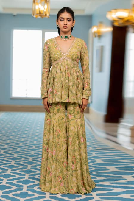 Paulmi And Harsh Green Georgette Embroidery V-neck Multi Floral Peplum Tunic And Sharara Set