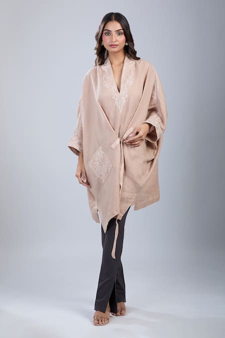 Buy_Tarun Tahiliani_Pink Embroidery Round Neck Asymmetric Tunic _Online_at_Aza_Fashions