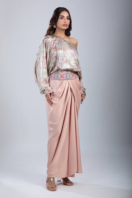 Tarun Tahiliani_Pink Sequins Asymmetric One Shoulder Tile Print Crop Top_Online_at_Aza_Fashions