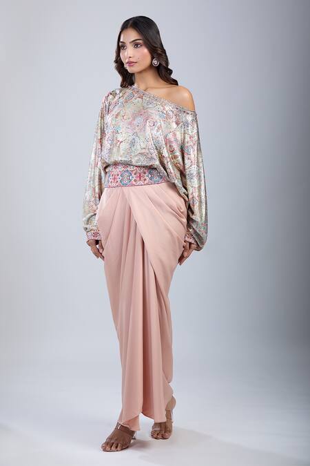 Buy_Tarun Tahiliani_Pink Sequins Asymmetric One Shoulder Tile Print Crop Top_Online_at_Aza_Fashions