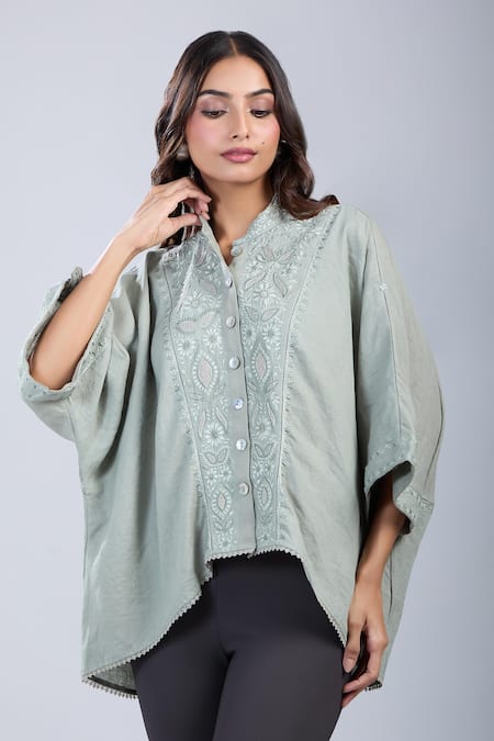 Tarun Tahiliani_Green Embroidery Mandarin Collar Kimono Style Shirt _Online_at_Aza_Fashions