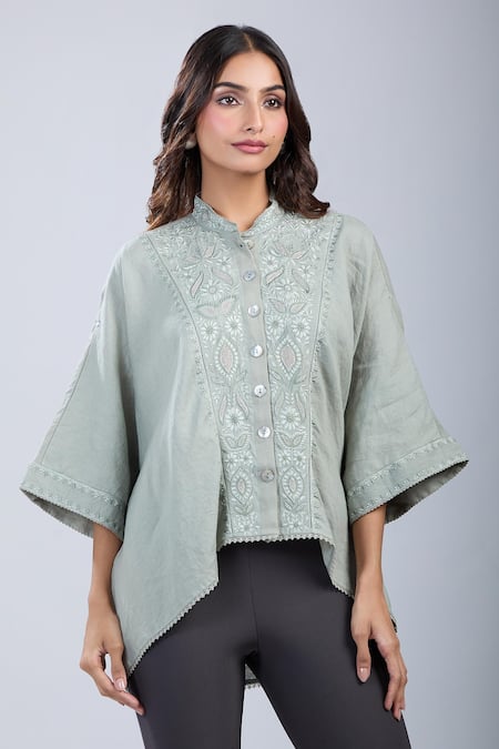 Buy_Tarun Tahiliani_Green Embroidery Mandarin Collar Kimono Style Shirt _Online_at_Aza_Fashions
