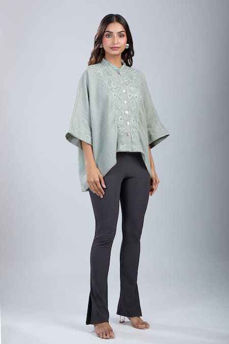 Shop_Tarun Tahiliani_Green Embroidery Mandarin Collar Kimono Style Shirt _Online_at_Aza_Fashions