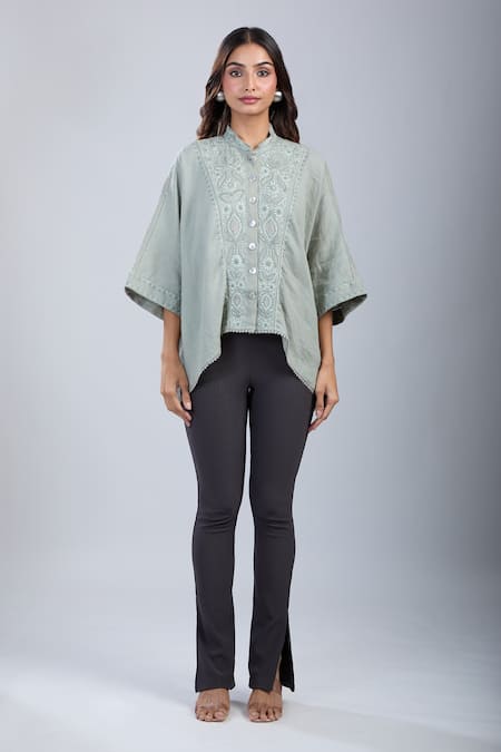 Tarun Tahiliani_Green Embroidery Mandarin Collar Kimono Style Shirt _at_Aza_Fashions