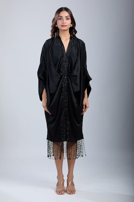 Tarun Tahiliani Black V-neck Kimono Sleeve Shirt Dress Online at Aza Fashions Tarun Tahiliani_Black V-neck Kimono Sleeve Shirt Dress _Online_at_Aza_Fashions