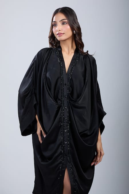 Shop Tarun Tahiliani Black V-neck Kimono Sleeve Shirt Dress Online at Aza Fashions Shop_Tarun Tahiliani_Black V-neck Kimono Sleeve Shirt Dress _Online_at_Aza_Fashions