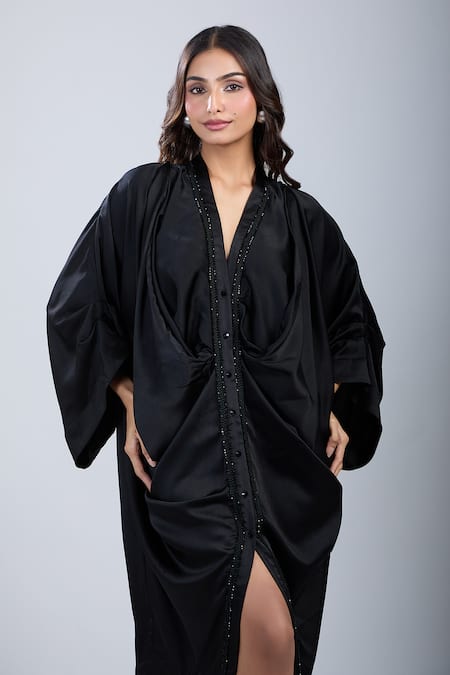 Tarun Tahiliani Black V-neck Kimono Sleeve Shirt Dress at Aza Fashions Tarun Tahiliani_Black V-neck Kimono Sleeve Shirt Dress _at_Aza_Fashions