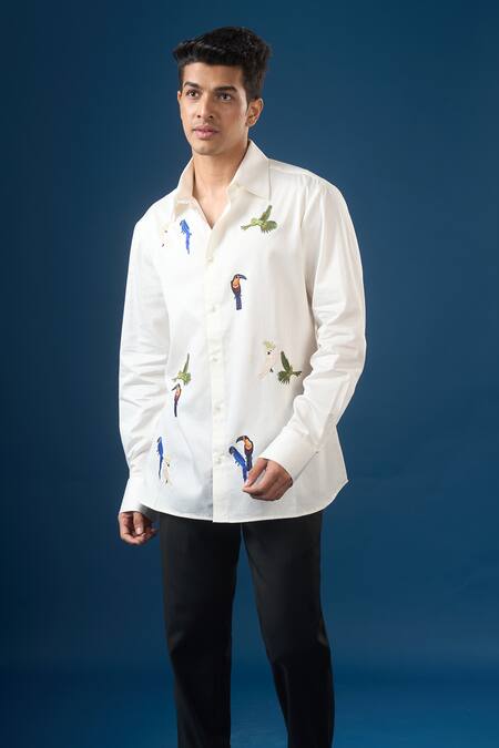 Buy Rohit Bal Ivory Poplin Embroidery Bird Shirt Online at Aza Fashions Buy_Rohit Bal_Ivory Poplin Embroidery Bird Shirt _Online_at_Aza_Fashions