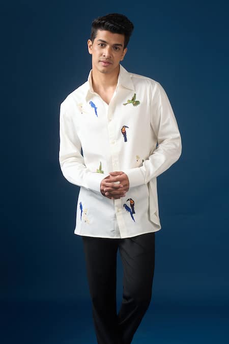 Shop Rohit Bal Ivory Poplin Embroidery Bird Shirt Online at Aza Fashions Shop_Rohit Bal_Ivory Poplin Embroidery Bird Shirt _Online_at_Aza_Fashions
