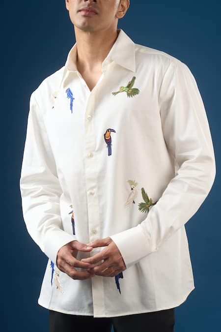 Rohit Bal Ivory Poplin Embroidery Bird Shirt at Aza Fashions Rohit Bal_Ivory Poplin Embroidery Bird Shirt _at_Aza_Fashions