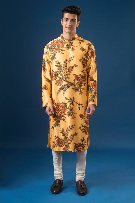 Rohit Bal_Yellow Dupion, Silk Embroidery Printed Kurta Set _Online_at_Aza_Fashions