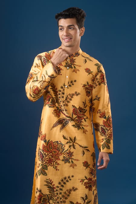 Buy_Rohit Bal_Yellow Dupion, Silk Embroidery Printed Kurta Set _Online_at_Aza_Fashions