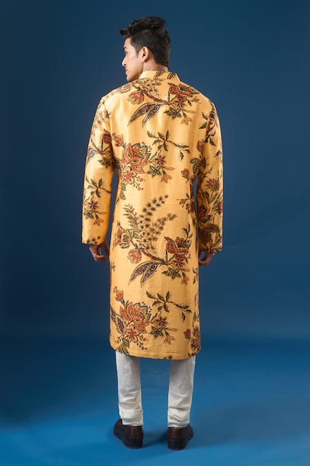 Rohit Bal Yellow Printed Dupion Silk Kurta Set 