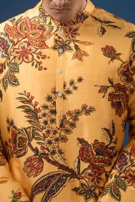 Rohit Bal_Yellow Dupion, Silk Embroidery Printed Kurta Set _at_Aza_Fashions