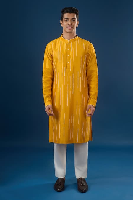 Countrymade_Yellow Embroidery Mustard Line Pattern Kurta Set _Online_at_Aza_Fashions