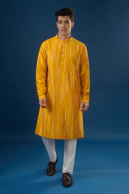 Countrymade Mustard Yellow Line Pattern Kurta Set 