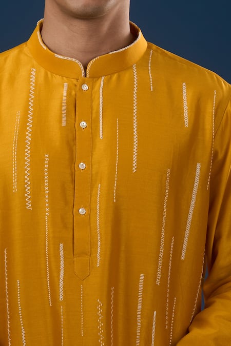 Buy_Countrymade_Yellow Embroidery Mustard Line Pattern Kurta Set _Online_at_Aza_Fashions