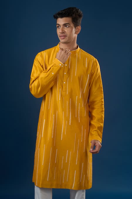 Shop_Countrymade_Yellow Embroidery Mustard Line Pattern Kurta Set _Online_at_Aza_Fashions