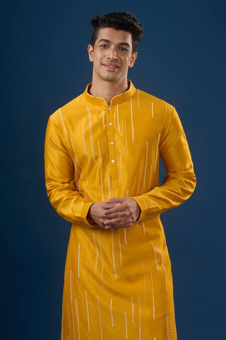 Countrymade_Yellow Embroidery Mustard Vertical Line Kurta Set_Online_at_Aza_Fashions