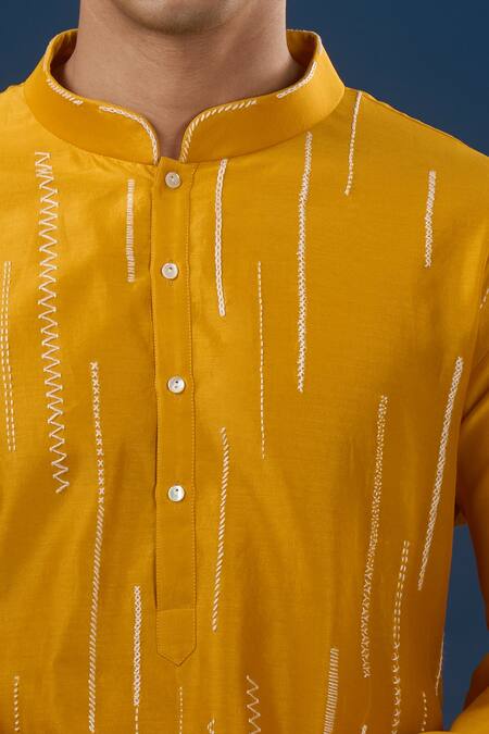 Buy_Countrymade_Yellow Embroidery Mustard Vertical Line Kurta Set_Online_at_Aza_Fashions
