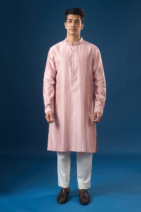 Countrymade_Pink Embroidery Vertical Line Kurta Set _at_Aza_Fashions