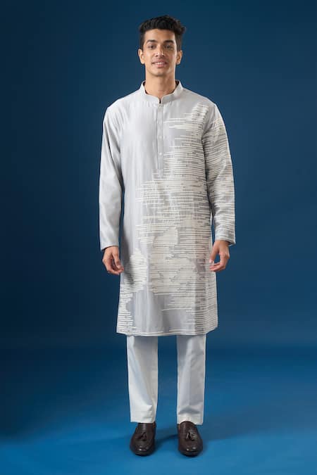 Buy_Countrymade_Silver Embroidery Horizontal Line Kurta Set _Online_at_Aza_Fashions