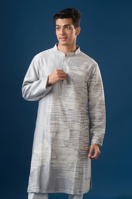 Countrymade_Silver Embroidery Horizontal Line Kurta Set _at_Aza_Fashions