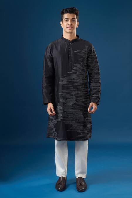 Countrymade_Black Embroidery Horizontal Line Kurta Set _Online_at_Aza_Fashions