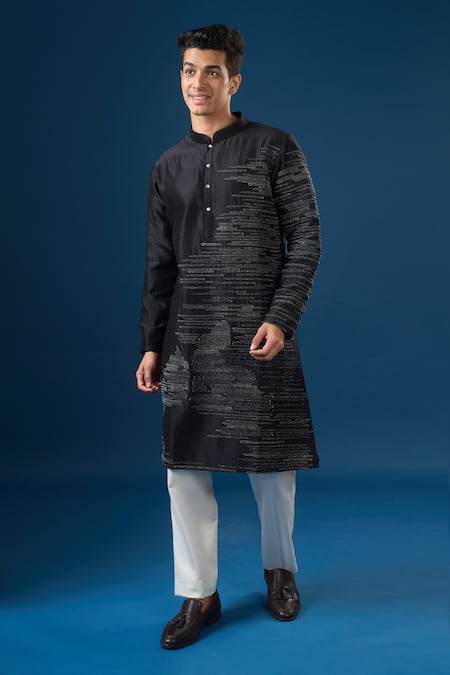 Buy_Countrymade_Black Embroidery Horizontal Line Kurta Set _Online_at_Aza_Fashions