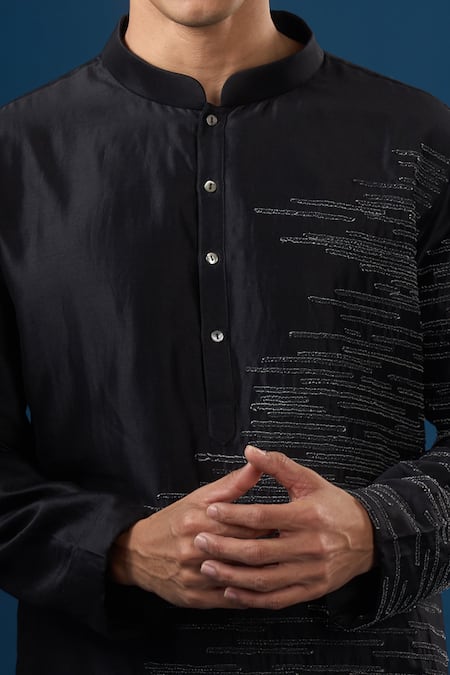 Shop_Countrymade_Black Embroidery Horizontal Line Kurta Set _Online_at_Aza_Fashions