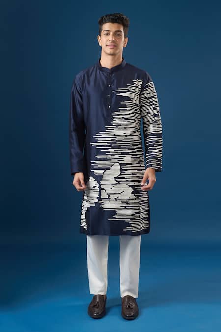 Countrymade_Navy Embroidery Blue Horizontal Line Kurta Set _Online_at_Aza_Fashions