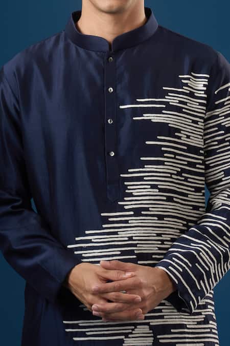 Shop_Countrymade_Navy Embroidery Blue Horizontal Line Kurta Set _Online_at_Aza_Fashions